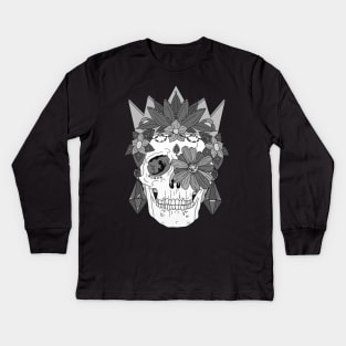 Royal Dead, Floral Crown Greyscale Sugar Skull Kids Long Sleeve T-Shirt